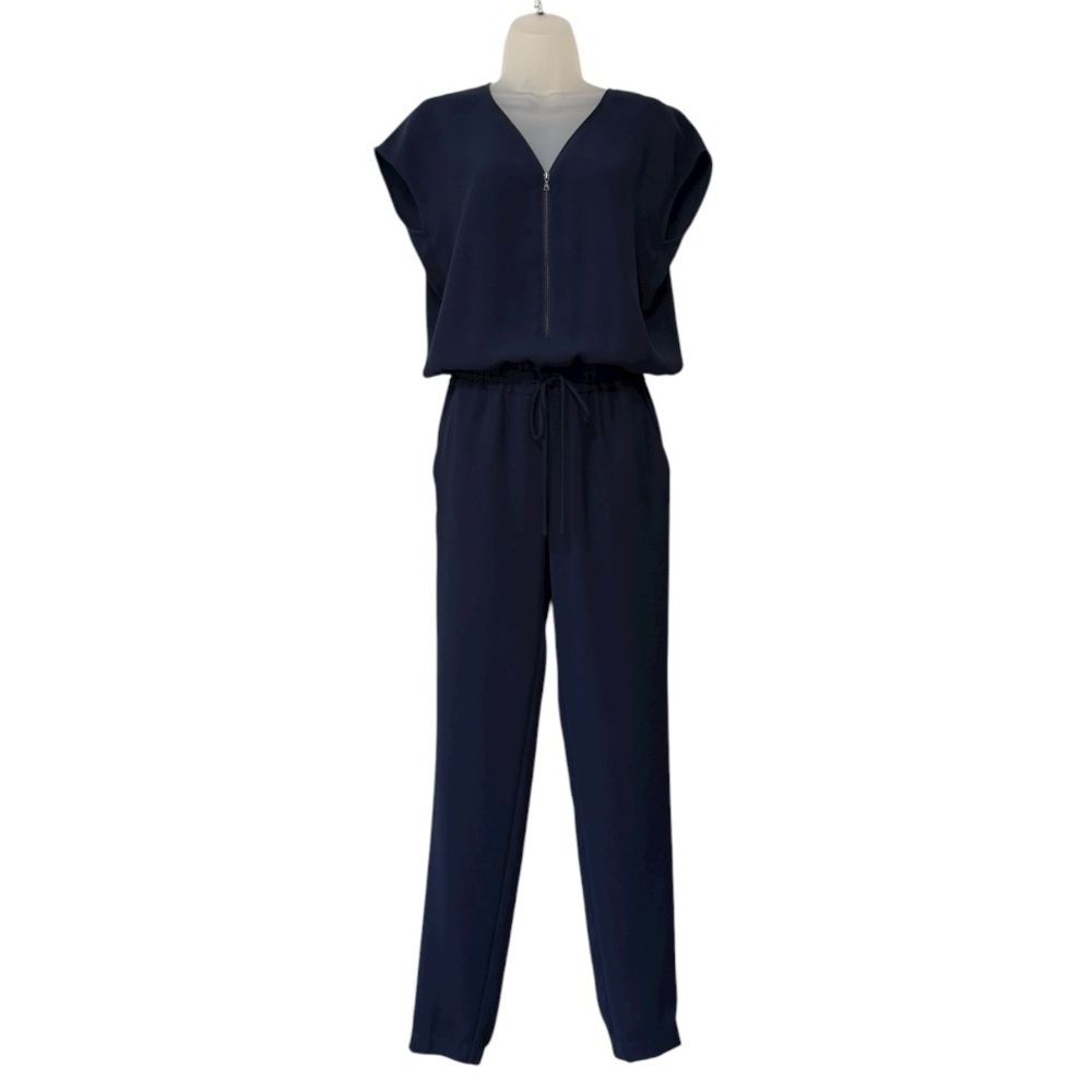 VINCE | $398 Crepe Zip-Front Cap Sleeve Jumpsuit in Navy, Size 2 - Picture 3 of 12